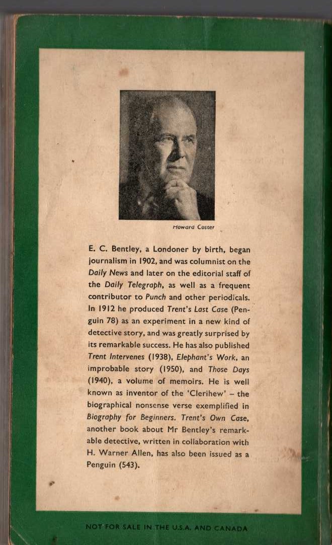 E.C. Bentley  TRENT INTERVENES magnified rear book cover image