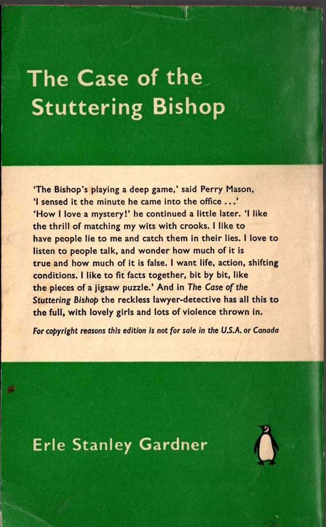 Erle Stanley Gardner  THE CASE OF THE STUTTERING BISHOP magnified rear book cover image