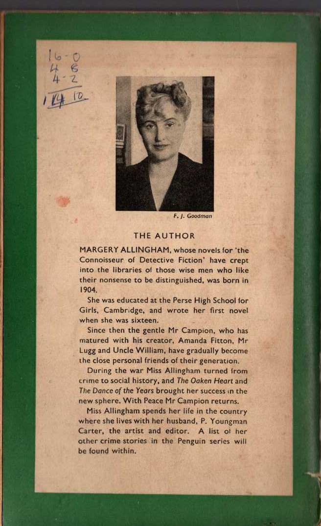 Margery Allingham  THE CRIME AT BLACK DUDLEY magnified rear book cover image