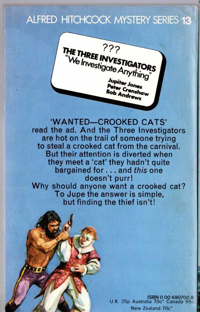 Alfred Hitchcock (introduces_The_Three_Investigators) THE SECRET OF THE CROOKED CAT magnified rear book cover image