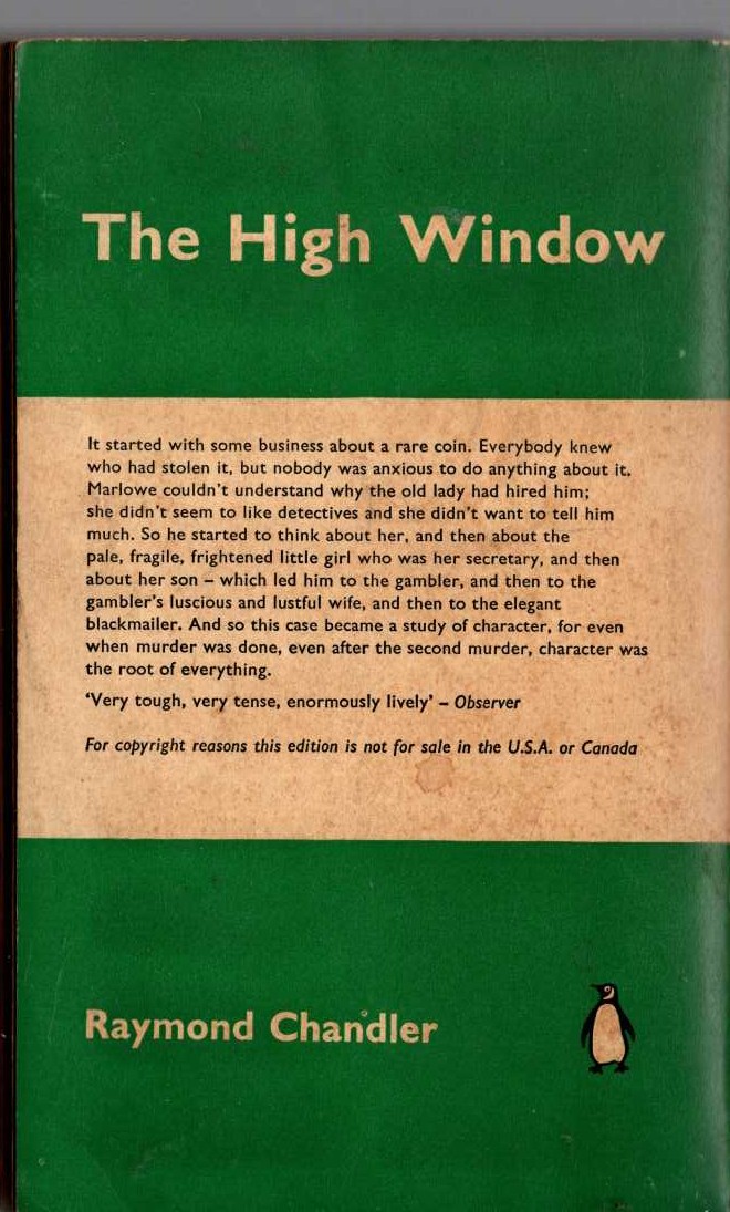 Raymond Chandler  THE HIGH WINDOW magnified rear book cover image