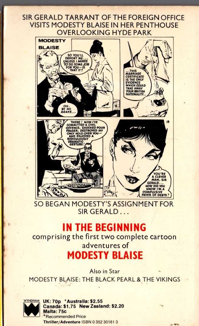 Peter O'Donnell  MODESTY BLAISE: IN THE BEGINNING magnified rear book cover image