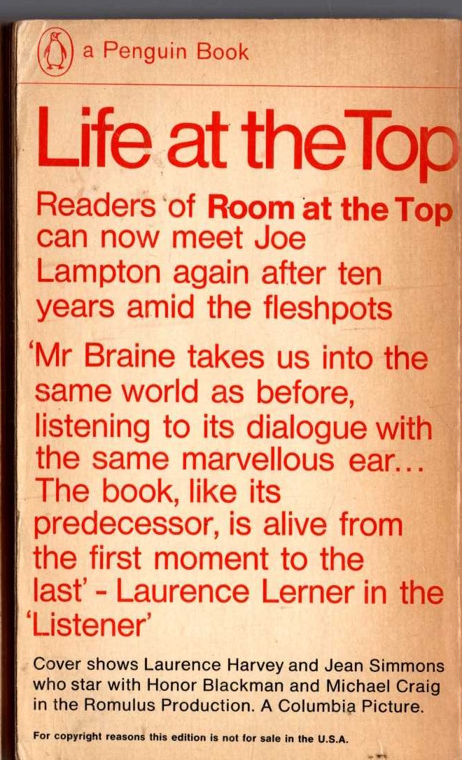 John Braine  LIFE AT THE TOP (Film tie-in) magnified rear book cover image