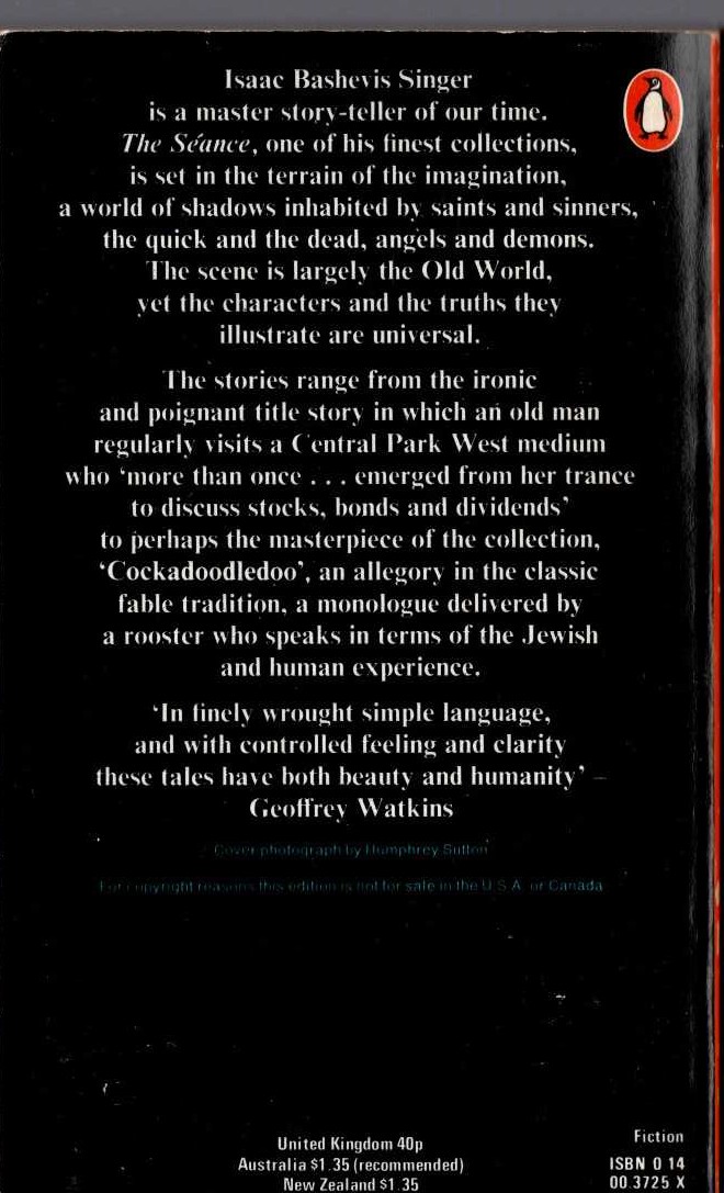 Isaac Bashevis Singer  THE SEANCE AND OTHER STORIES magnified rear book cover image