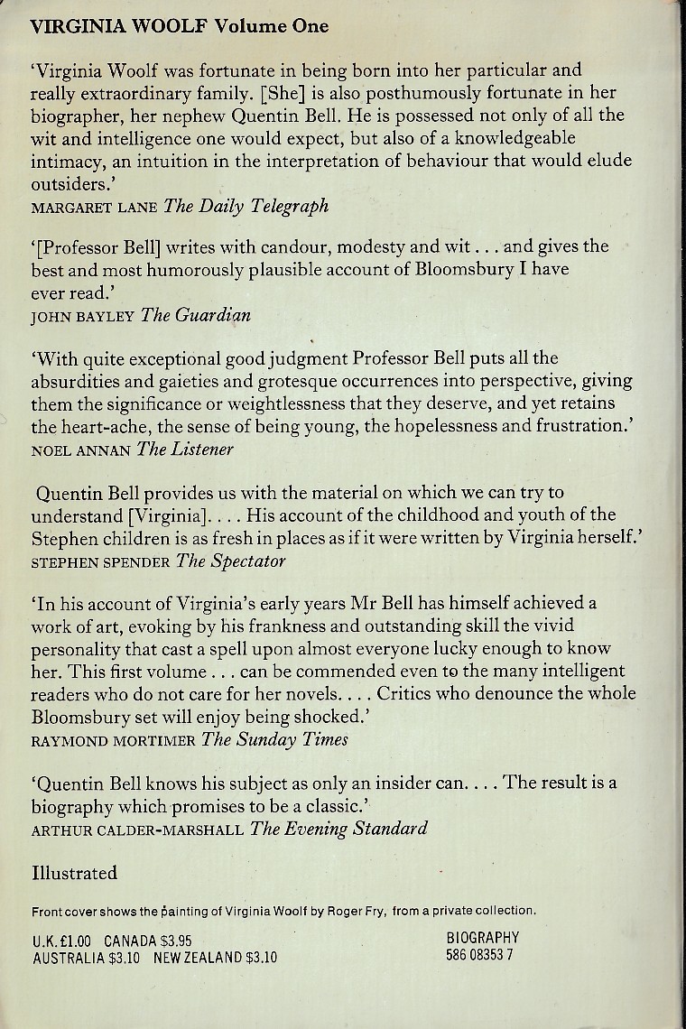 (Quentin Bell) VIRGINIA WOOLF 1882-1912 (Volume 1) magnified rear book cover image