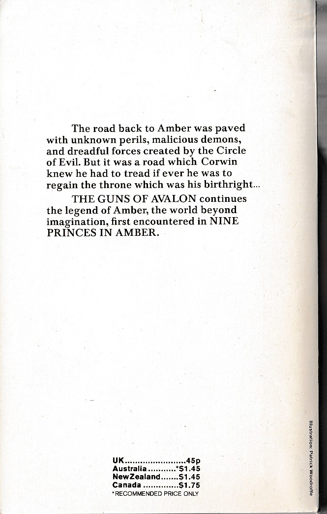 Roger Zelazny  THE GUNS OF AVALON magnified rear book cover image