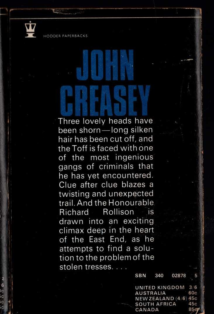 John Creasey  THE TOFF AND THE STOLEN TRESSES magnified rear book cover image