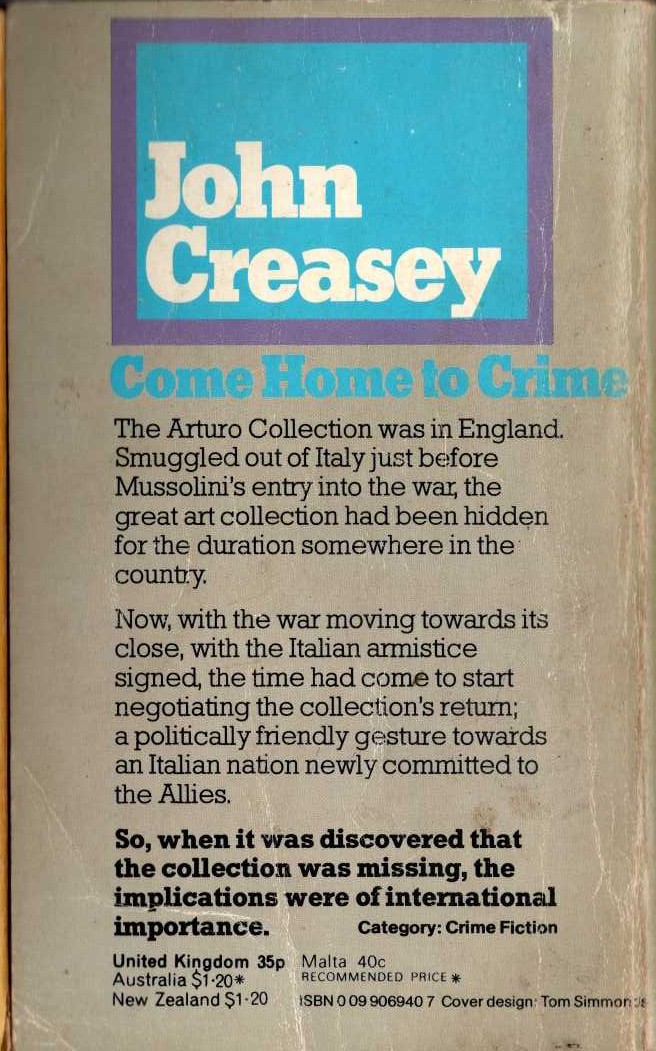 John Creasey  COME HOME TO CRIME magnified rear book cover image