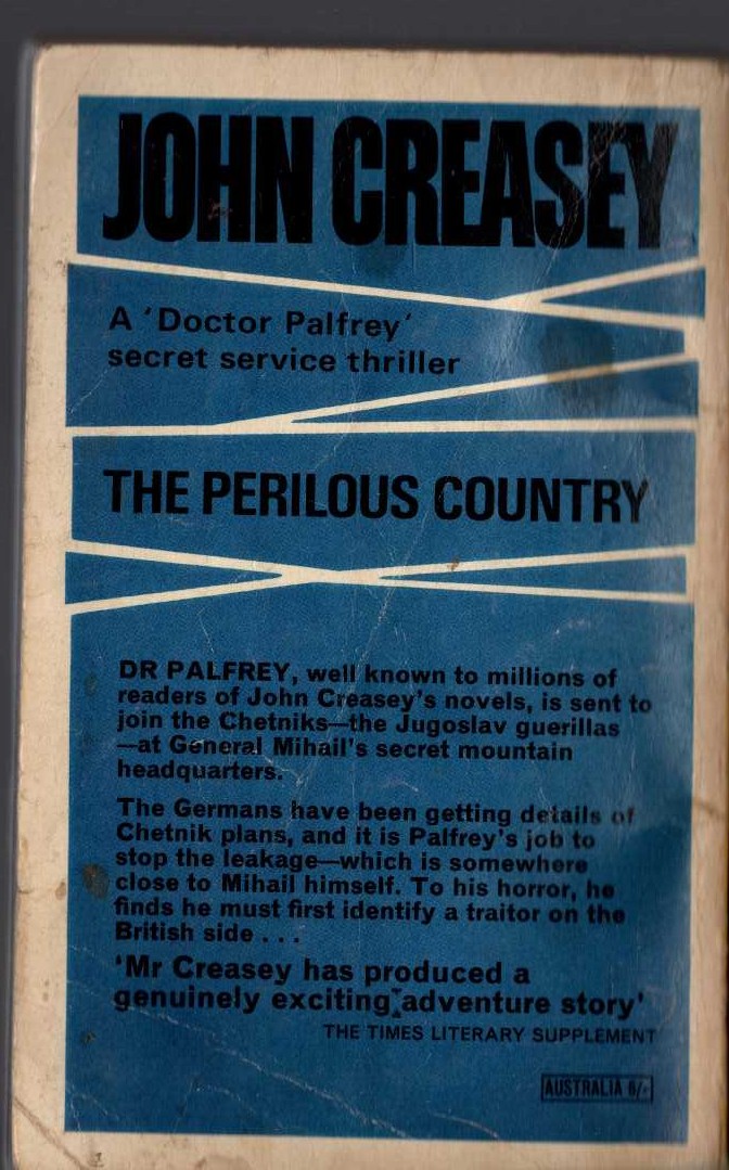 John Creasey  THE PERILOUS COUNTRY (Doctor Palfrey) magnified rear book cover image