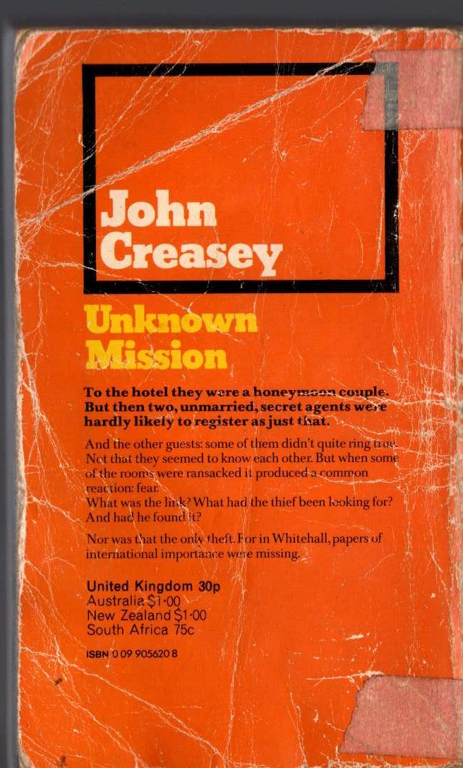 John Creasey  UNKNOWN MISSION magnified rear book cover image