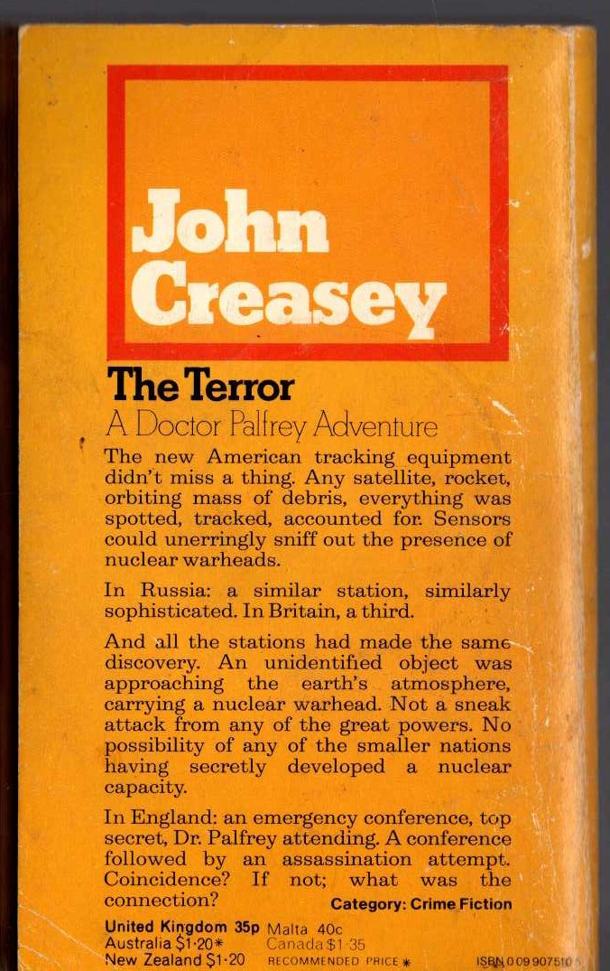 John Creasey  THE TERROR (Doctor Palfrey) magnified rear book cover image