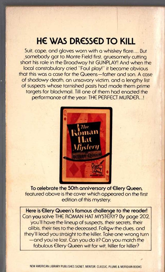 Ellery Queen  THE ROMAN HAT MYSTERY magnified rear book cover image