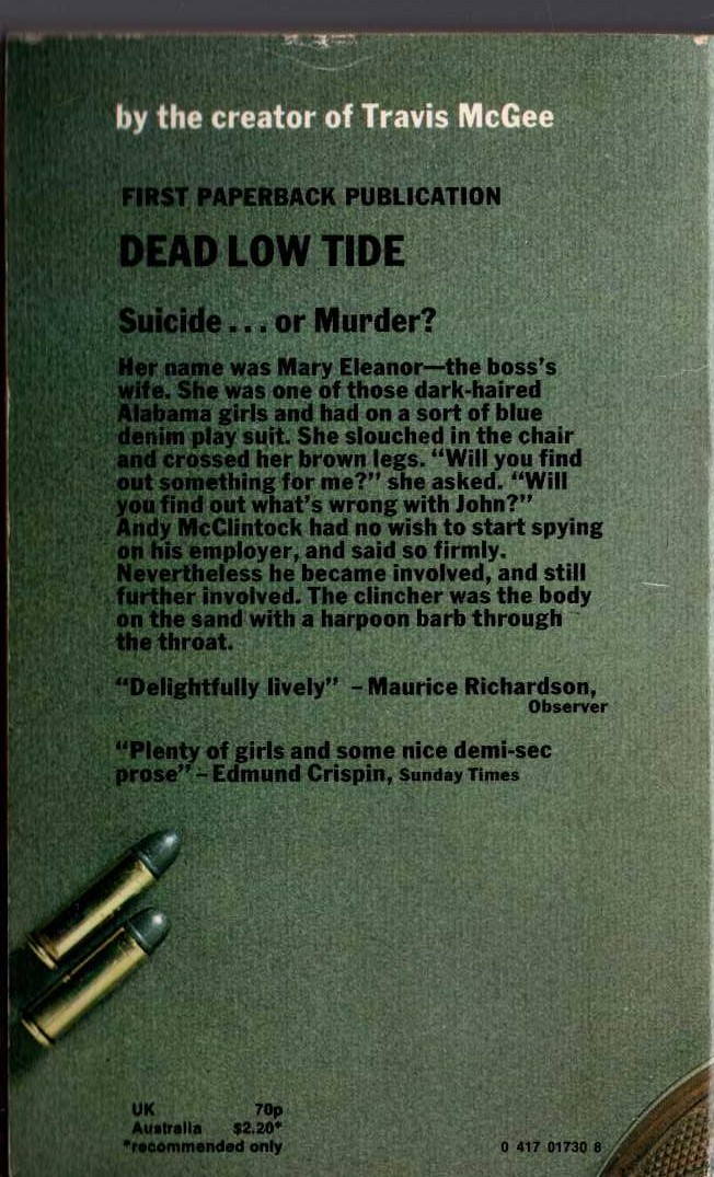 John D. MacDonald  DEAD LOW TIDE magnified rear book cover image