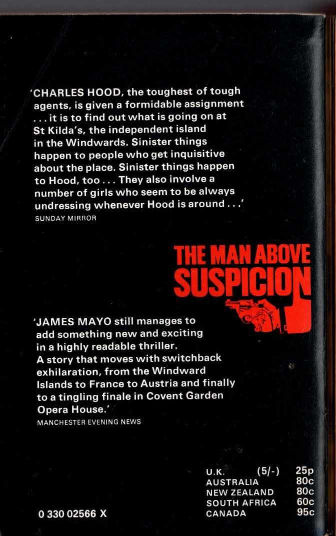 James Mayo  THE MAN ABOVE SUSPICION magnified rear book cover image