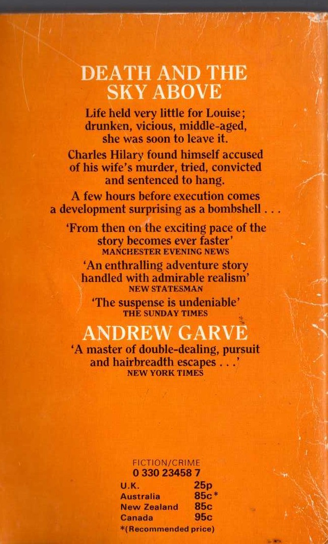 Andrew Garve  DEATH AND THE SKY ABOVE magnified rear book cover image