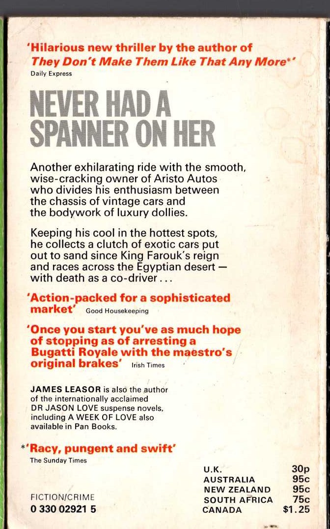 James Leasor  NEVER HAD A SPANNER ON HER magnified rear book cover image