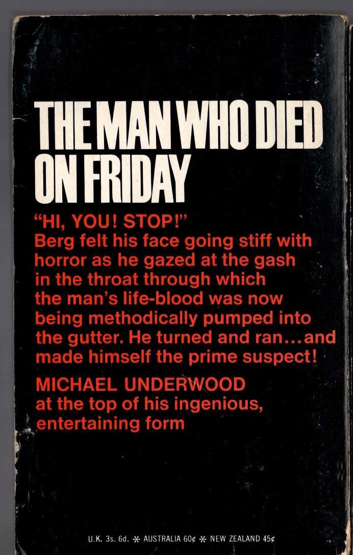 Michael Underwood  THE MAN WHO DIED ON FRIDAY magnified rear book cover image