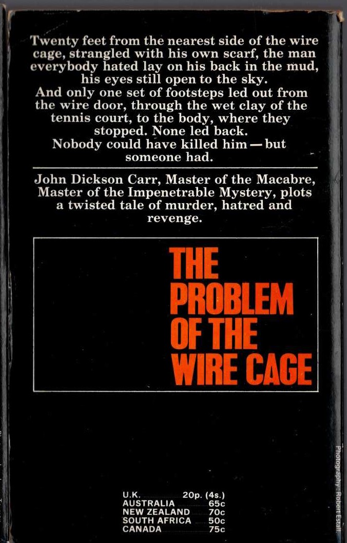 John Dickson Carr  THE PROBLEM OF THE WIRE CAGE magnified rear book cover image