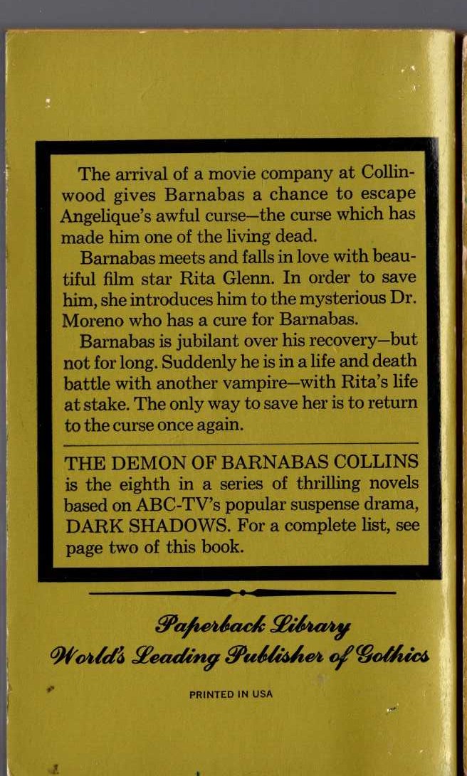 Marilyn Ross  THE DEMON OF BARNABAS COLLINS magnified rear book cover image