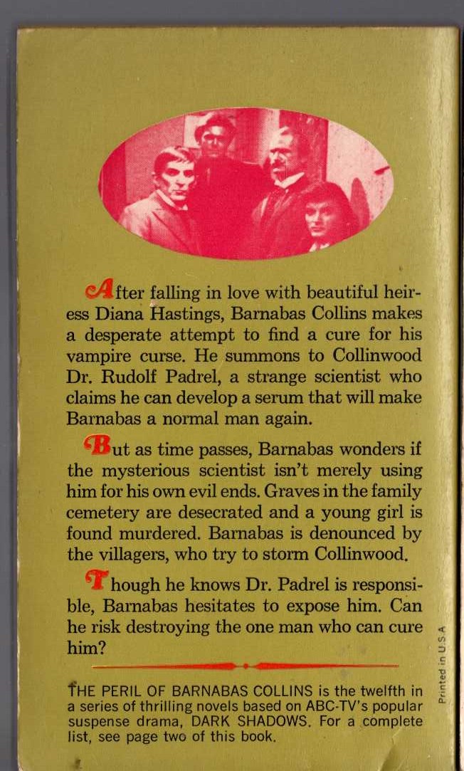 Marilyn Ross  THE PERIL OF BARNABAS COLLINS magnified rear book cover image