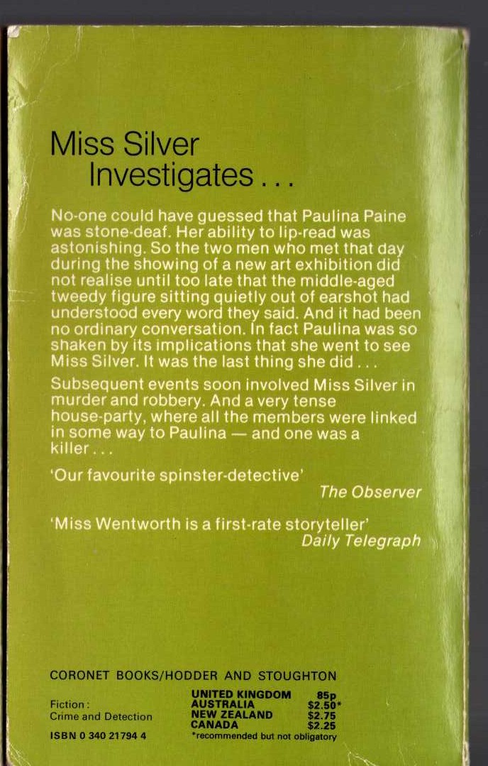 Patricia Wentworth  THE LISTENING EYE magnified rear book cover image