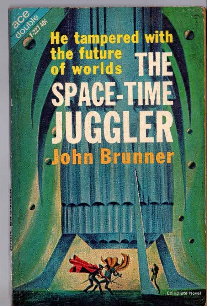 John Brunner  THE ASTRONAUTS MUST NOT LAND and THE SPACE-TIME JUGGLER magnified rear book cover image