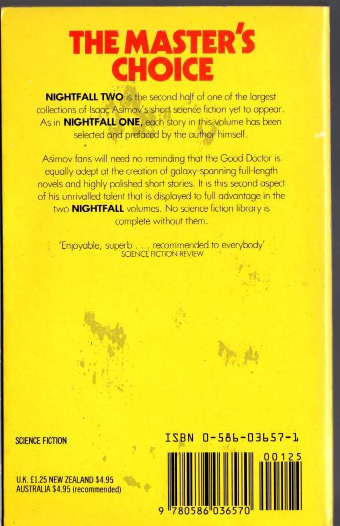 Isaac Asimov  NIGHTFALL TWO magnified rear book cover image