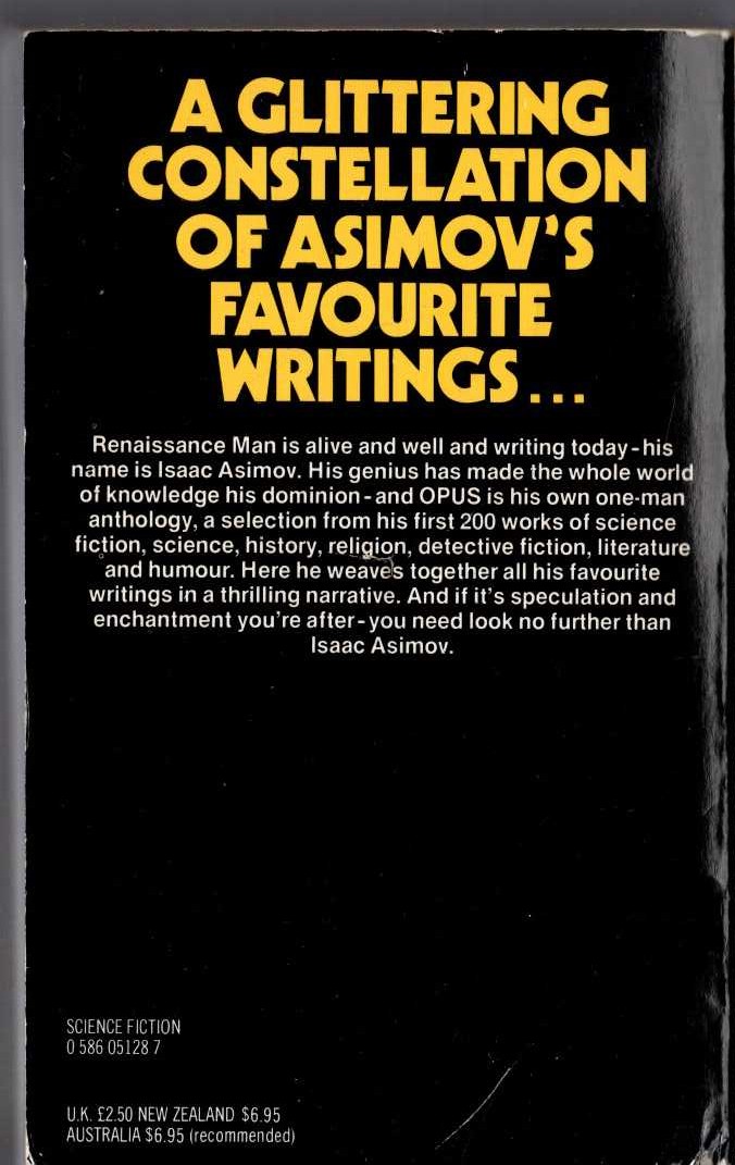 Isaac Asimov  OPUS: THE BEST OF ASAAC ASIMOV magnified rear book cover image