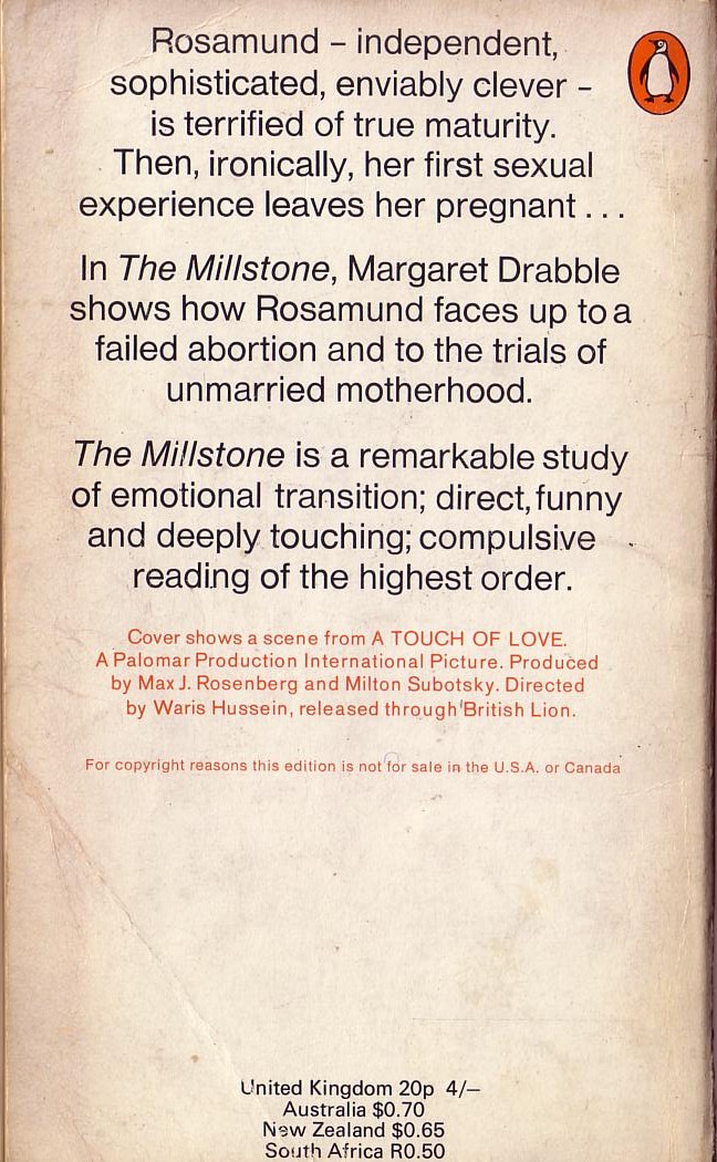 Margaret Drabble  THE MILLSTONE (Eleanor Bron & Sandy Dennis) magnified rear book cover image