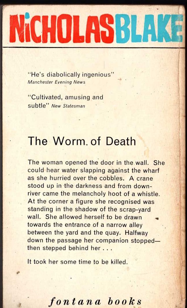 Nicholas Blake  THE WORM OF DEATH magnified rear book cover image