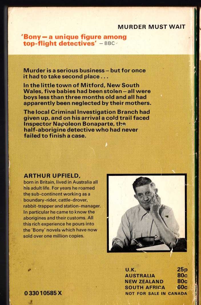 Arthur Upfield  MURDER MUST WAIT magnified rear book cover image