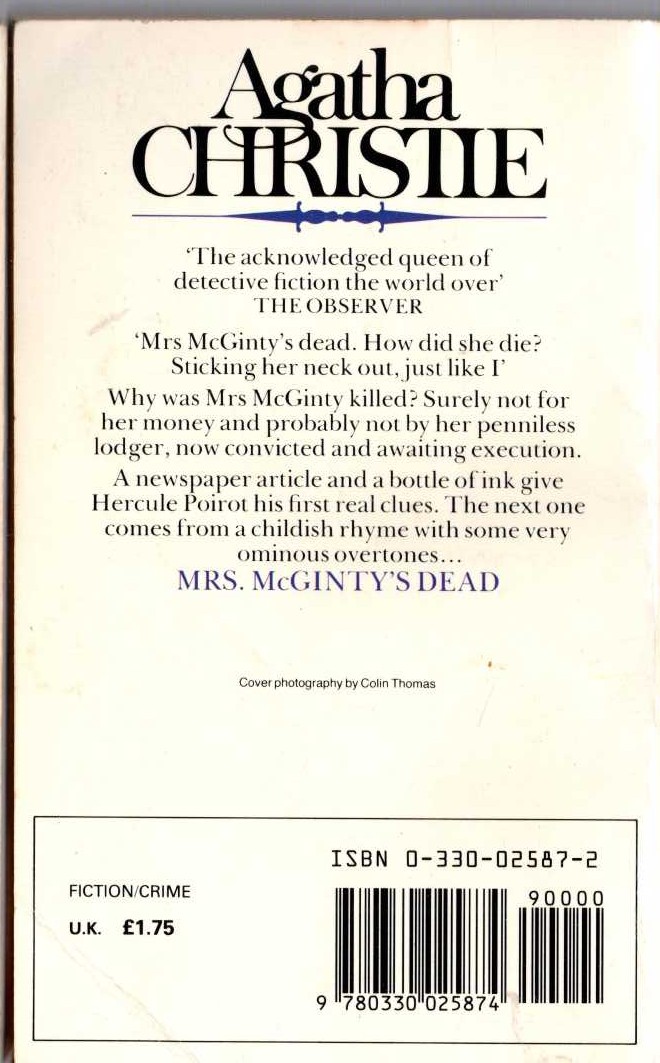 Agatha Christie  MRS McGINTY'S DEAD magnified rear book cover image