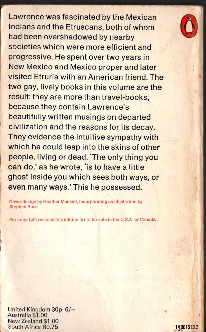 D.H. Lawrence  MORNINGS IN MEXICO and ETRUSCAN PLACES magnified rear book cover image