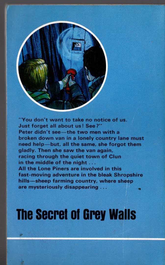 Malcolm Saville  THE SECRET OF GREY WALLS magnified rear book cover image