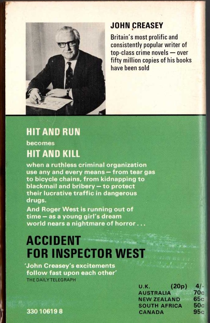 John Creasey  ACCIDENT FOR INSPECTOR WEST magnified rear book cover image