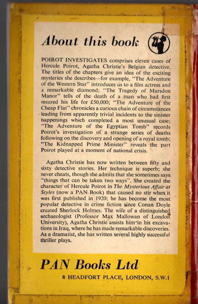 Agatha Christie  POIROT INVESTIGATES magnified rear book cover image