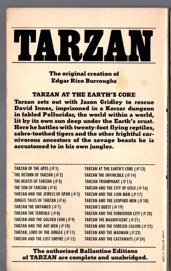 Edgar Rice Burroughs  TARZAN AT THE EARTH'S CORE magnified rear book cover image