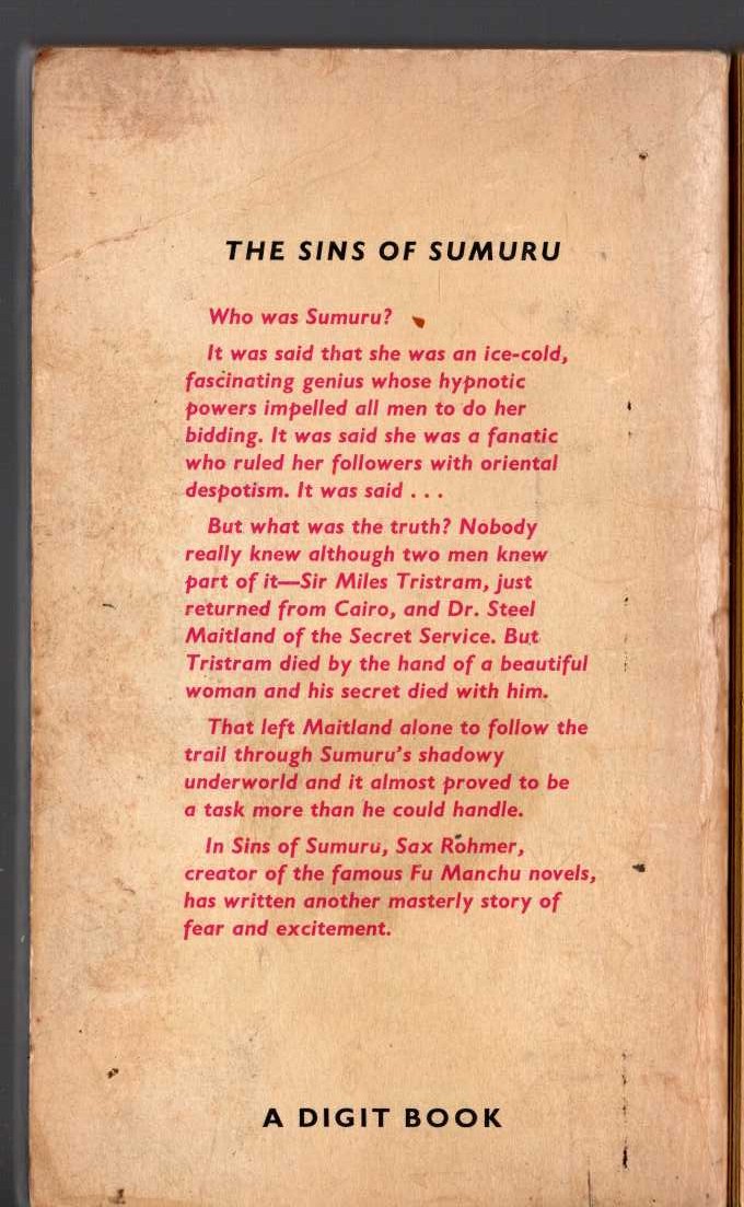 Sax Rohmer  THE SINS OF SUMURU magnified rear book cover image