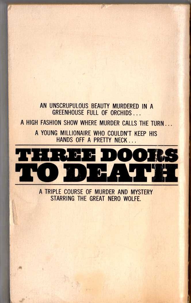 Rex Stout  THREE DOORS TO DEATH magnified rear book cover image