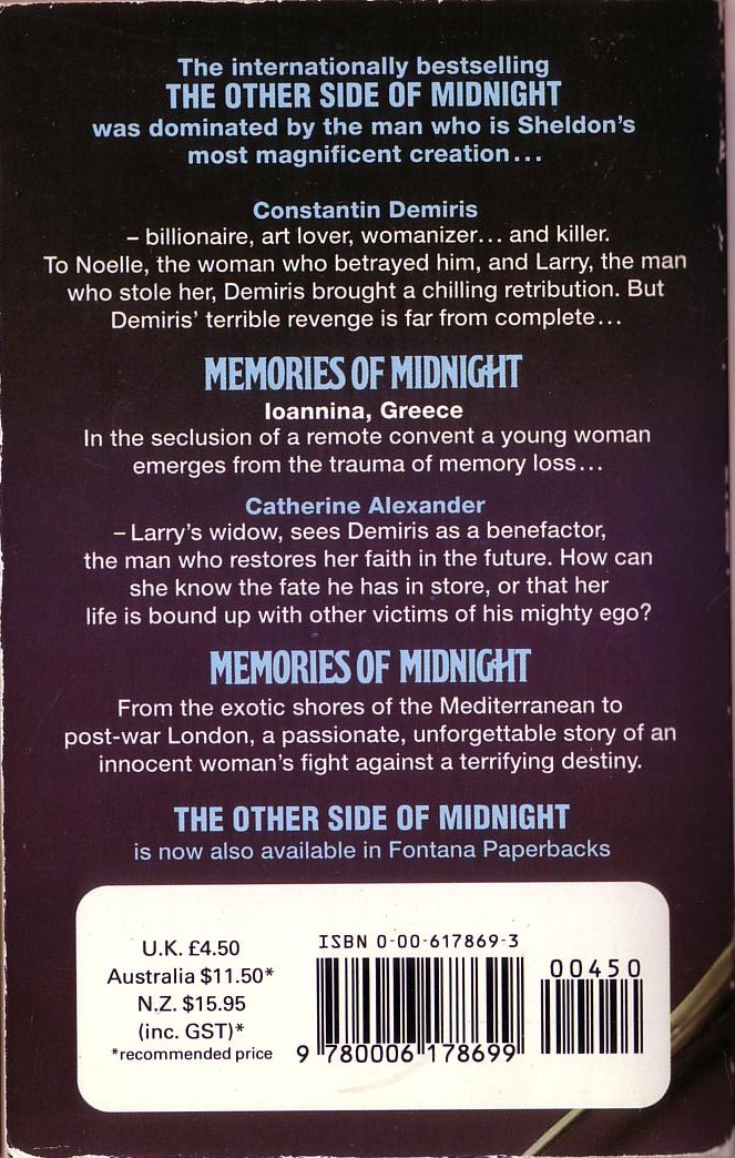 Sidney Sheldon  MEMORIES OF MIDNIGHT magnified rear book cover image