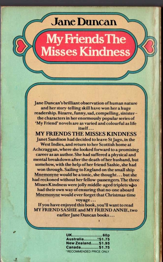 Jane Duncan  MY FRIENDS THE MISSES KINDNESS magnified rear book cover image