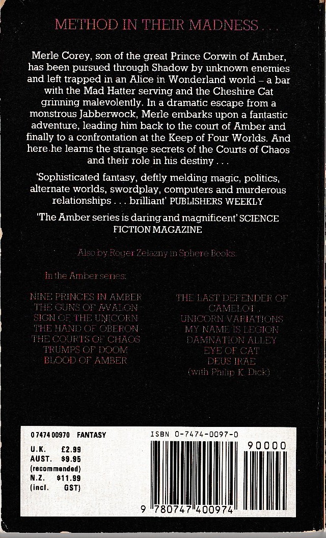 Roger Zelazny  SIGN OF CHAOS magnified rear book cover image