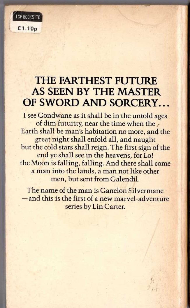 Lin Carter  THE WARRIOR OF WORLD'S END magnified rear book cover image