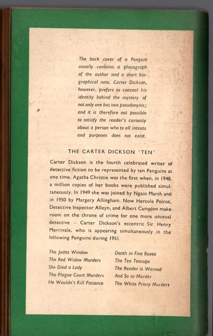 Carter Dickson  THE PLAGUE COURT MURDERS magnified rear book cover image