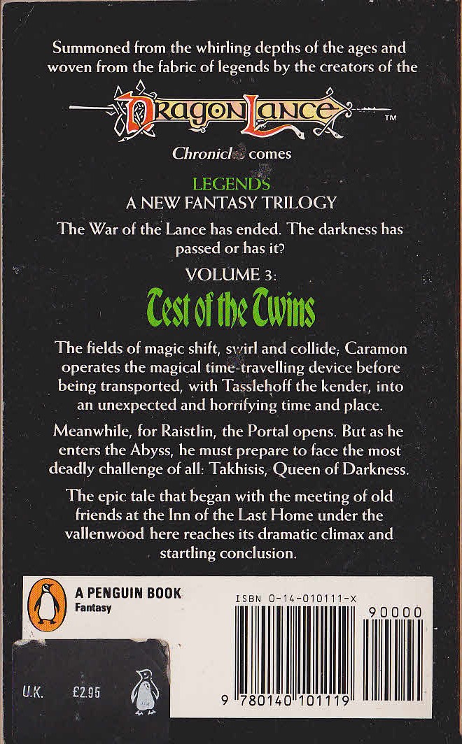 DRAGONLANCE LEGENDS 3: TEST OF THE TWINS magnified rear book cover image