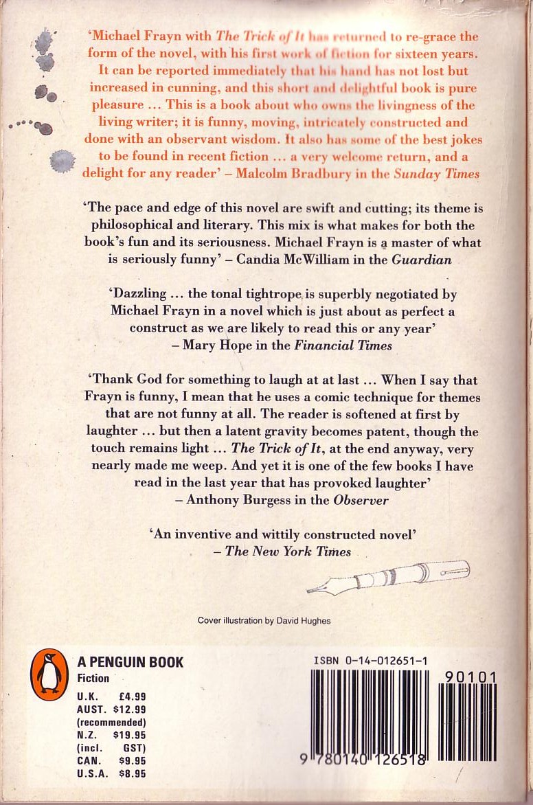 Michael Frayn  THE TRICK OF IT magnified rear book cover image